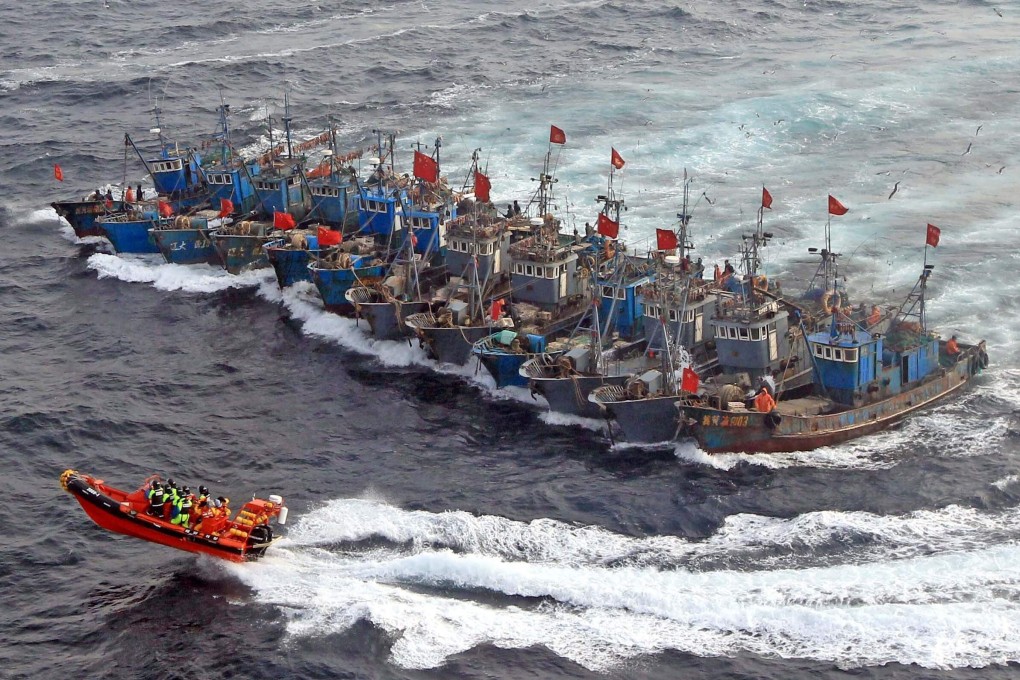 Chinese fishing boats tied together in the Sea of Japan, or East Sea, on December 21, 2019. Photo: AFP