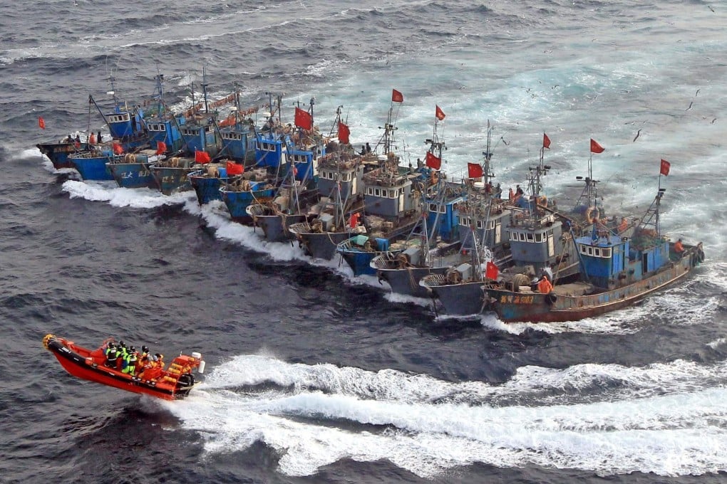 Chinese fishing boats tied together in the Sea of Japan, or East Sea, on December 21, 2019. Photo: AFP