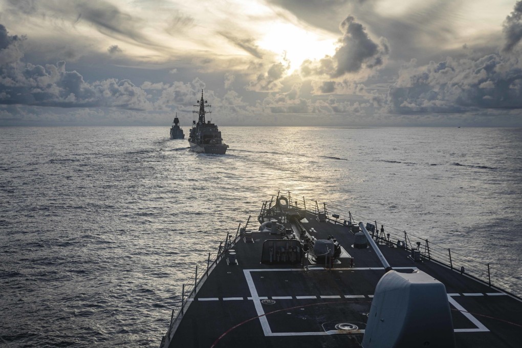 The USS John S McCain, Royal Australian Navy’s HMAS Arunta and Japan Maritime Self-Defence Force’s JS Kirisame operate together during trilateral exercises in the South China Sea on October 22. The multinational coalition that has rejected China’s claims in the South China Sea runs counter to claims of US imperialist ambitions in the disputed waters. Photo: Handout