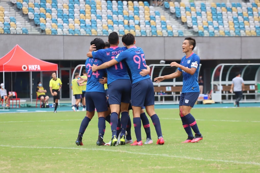 Kitchee players celebrate after their first goal in a 3-2 win over R&F 3-2 at Tseung Kwan O Sports Ground in October. Photo: Chan Kin-wa