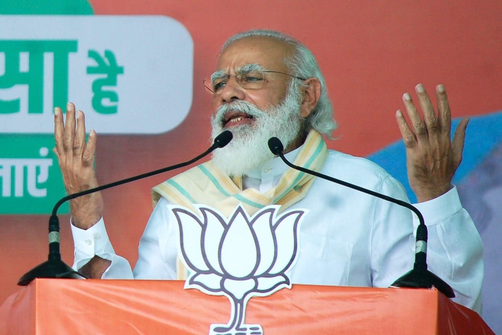 Indian Prime Minister Narendra Modi in Chapra, Bihar state. His ‘self-reliant’ India plan appears to be stumbling. Photo: AFP
