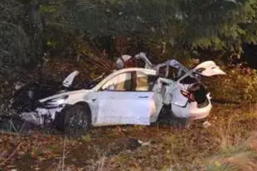 The Model 3 was going faster than 160km/h when it ran off the road and into a power pole, police said. Photo: City of Corvallis Police Department