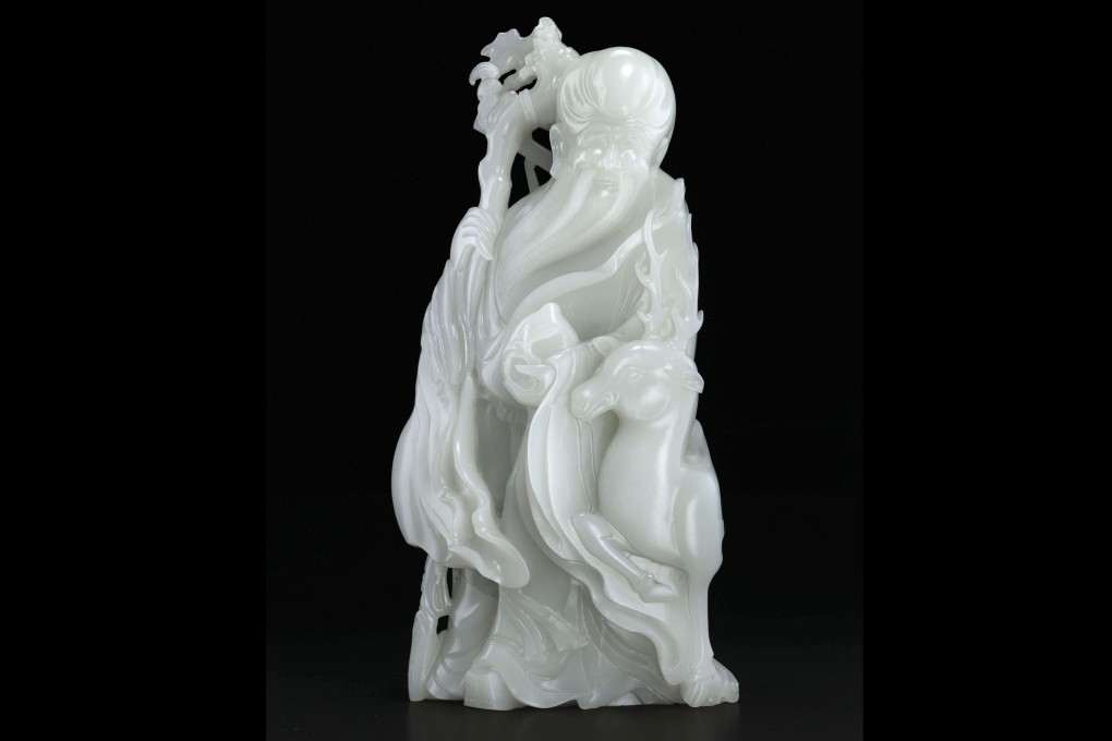 A magnificent and exceptionally rare large Chinese white jade carving of Shulao and deer from the Qianlong-Jiaqing period (1736 to 1820), part of the Imperial Glories from the Springfield Museums Collection that will be auctioned this week. Photo: Christie’s