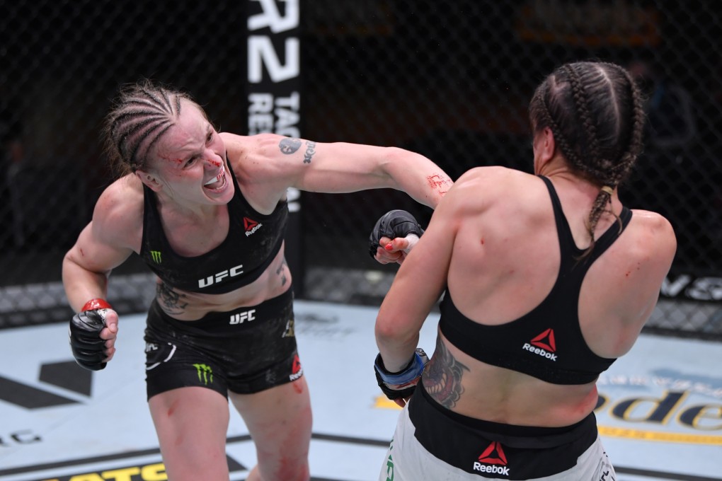 Valentina Shevchenko punches Jennifer Maia in their women's flyweight championship bout during UFC 255 at UFC Apex on November 21, 2020 in Las Vegas, Nevada. Photos: Jeff Bottari/Zuffa LLC