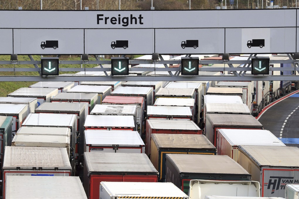 Freight lorries queue outside the Eurotunnel site in Folkestone, southeast England. Photo: AP