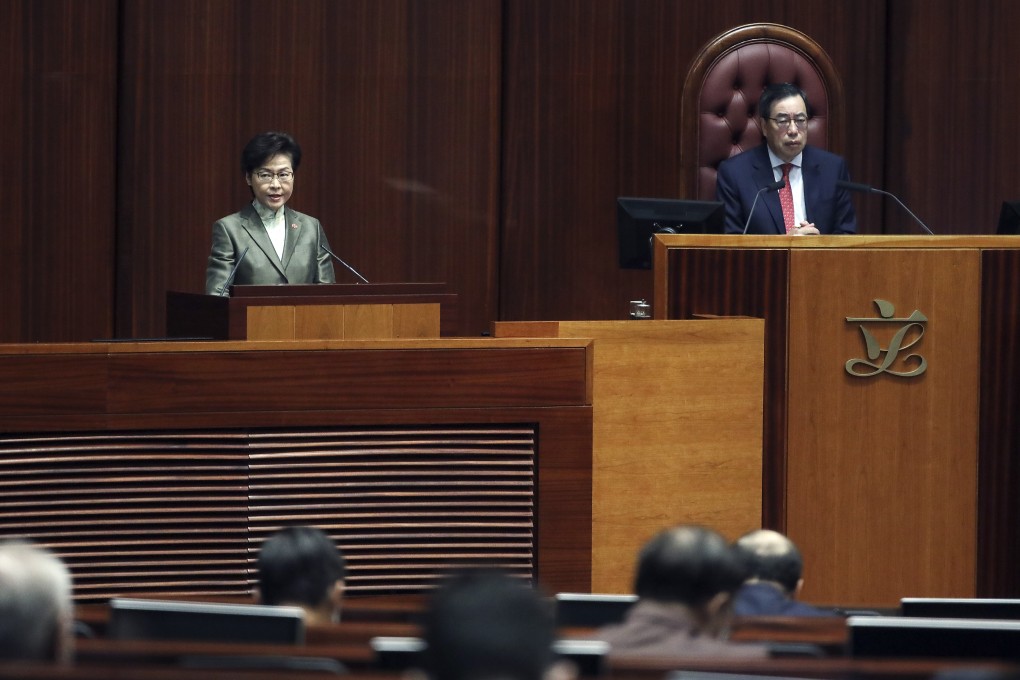 Chief Executive Carrie Lam gives her policy address in the Legislative Council Chamber on Tuesday. Photo: Sam Tsang