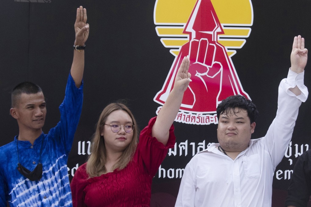 From left, Panupong Jadnok, Panusaya Sithijirawattanakul and Parit Chiwarak are among the 12 protest leaders to have received a police summons, according to Thai Lawyers for Human Rights. Photo: AP