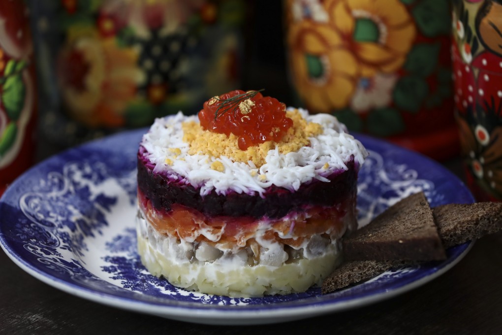 Herring under fur coat salad at Dacha, a restaurant that serves dishes from Russia and other Eastern European countries in Hong Kong. Photo: Jonathan Wong