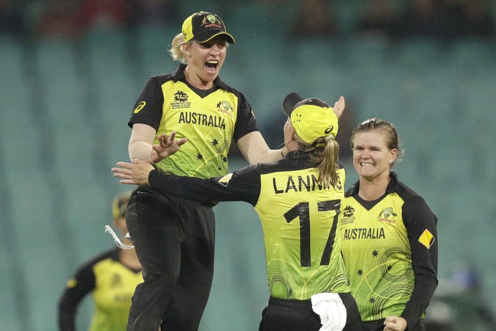 Australia’s Delissa Kimmince and Meg Lanning celebrate after winning their women’s T20 World Cup semi-final in Sydney in March. Photo: AP
