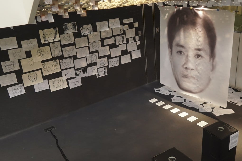 Her Story – Eliminating Gender Violence 2020 opened in Beijing on November 25, International Day For the Elimination of Violence Against Women. A large composite photo of a man is made from images of accused sexual harassers. Photo: Tom Wang