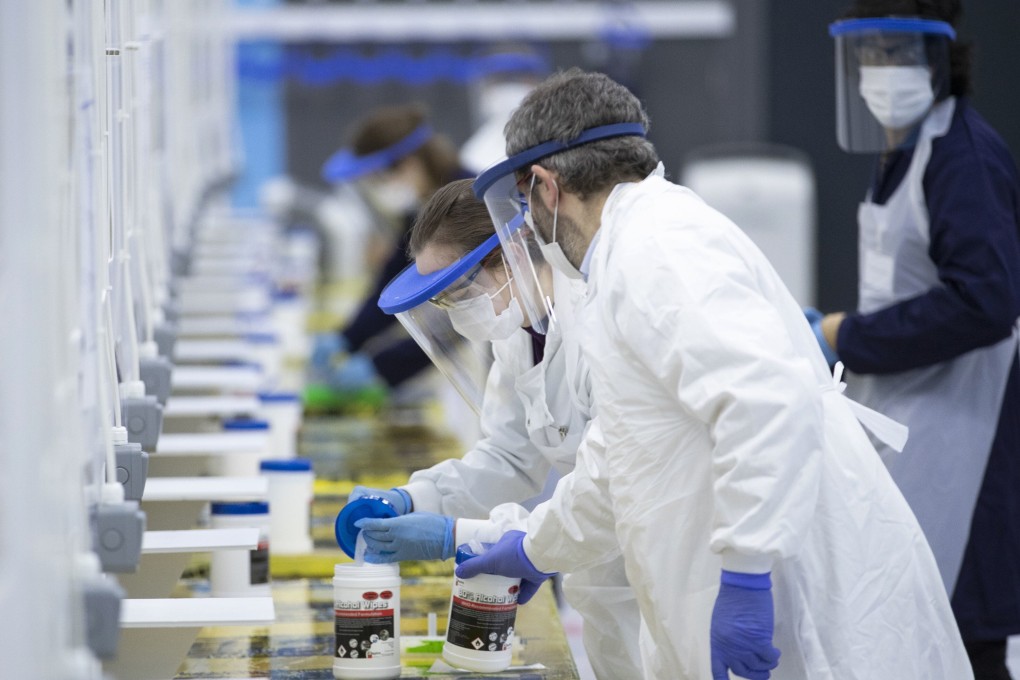 Medical students work at a Covid-19 mass testing centre in Fife, Scotland. Photo: AP