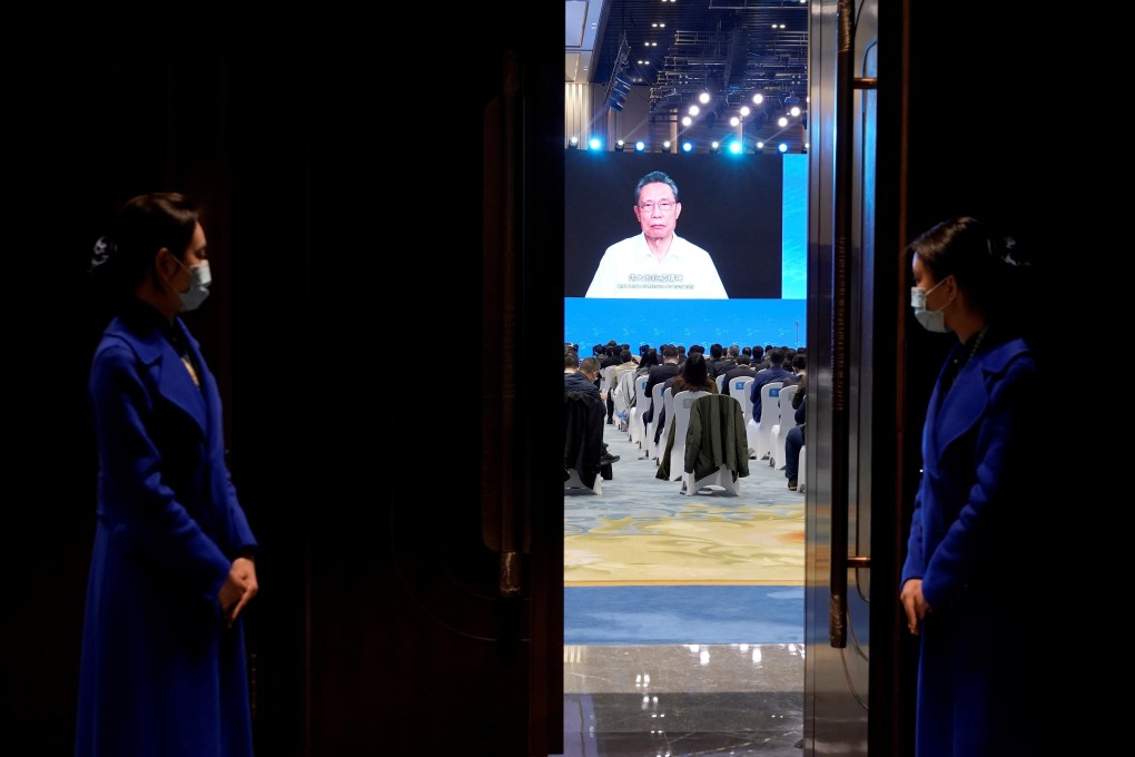 Respiratory disease expert Zhong Nanshan speaks via video link during a conference in China earlier this month. Photo: Reuters