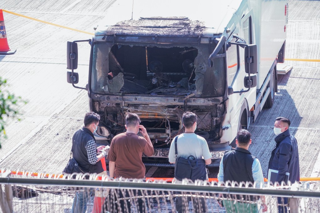 The front of a small truck was destroyed during Tuesday’s arson attack on the Police Sports and Recreation Club in Sham Shui Po. Photo: Felix Wong