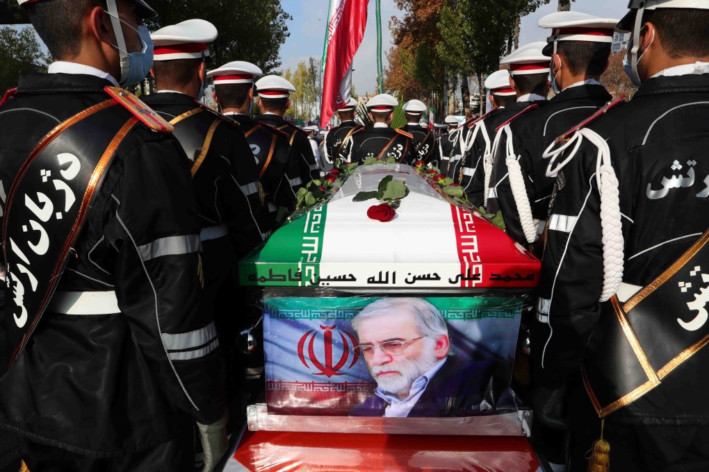 Iranian soldiers carry the coffin of Iranian nuclear scientist Mohsen Fakhrizadeh during his funeral procession at the country’s Ministry of Defence on Monday. Photo: DPA