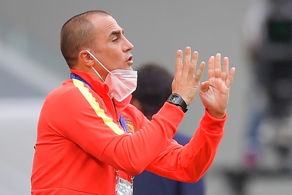 Guangzhou Evergrande head coach Fabio Cannavaro gestures during the AFC Champions League group G match against Vissel Kobe. Photo: EPA