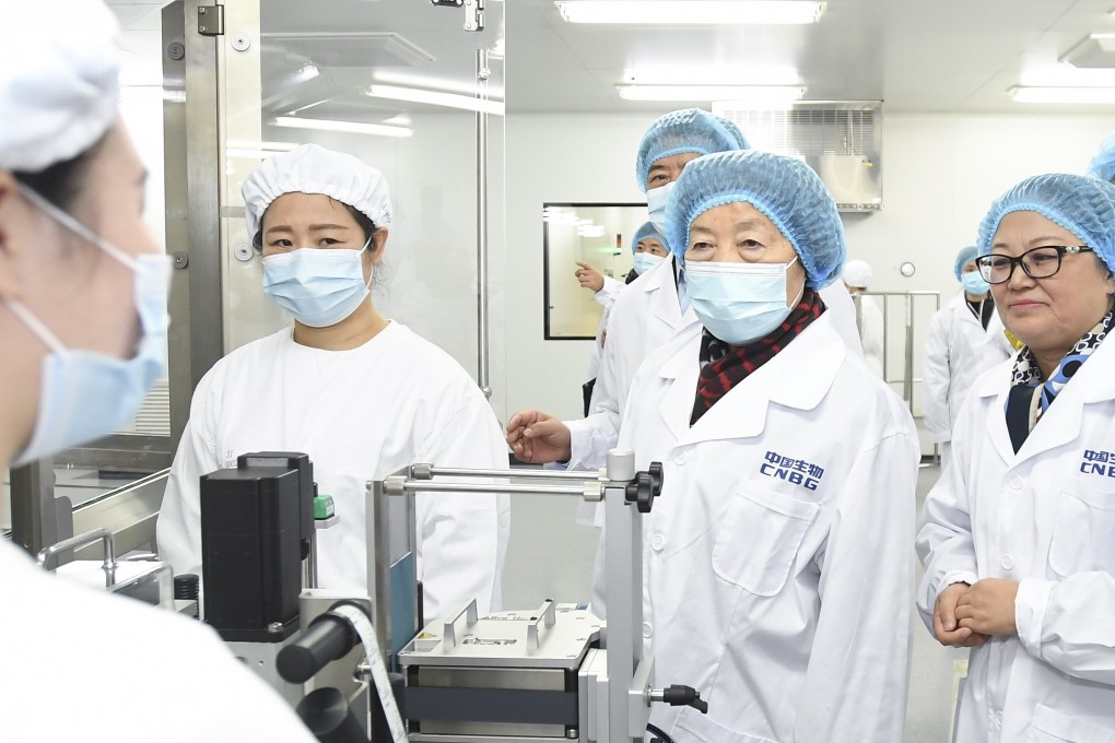 Vice-Premier Sun Chunlan (centre) visits the Beijing Institute of Biological Products on Wednesday. Photo: Xinhua