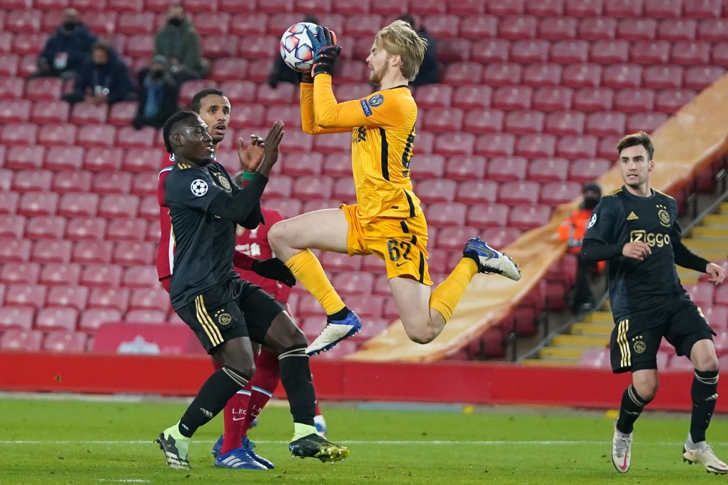 Liverpool’s Irish goalkeeper, Caoimhin Kelleher, makes a save during the Uefa Champions League match against Ajax at Anfield on December 1. Photo: AFP