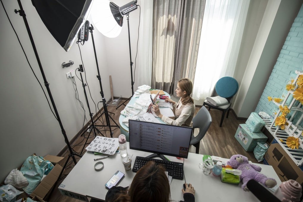 A live-streamer promotes diapers at a streaming base during the annual November 11 Singles’ Day online shopping event in Hangzhou. Photo: Bloomberg