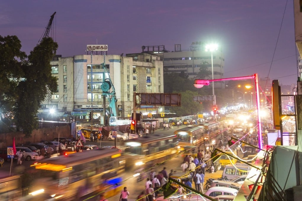 Busy street at dusk outside High Court, Chennai, (Madras), Tamil Nadu, India