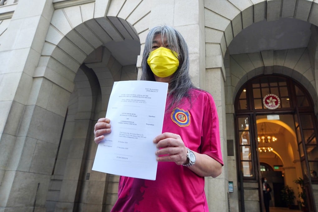 "Long Hair" Leung Kwok-hung speaks to the media outside the Court of Final Appeal, Central, after gaining victory in his final appeal. Picture: Handout