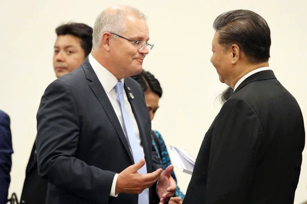 Australian Prime Minister Scott Morrison meets Chinese President Xi Jinping during the G20 summit in Osaka, Japan, on October 27. Photo: Handout