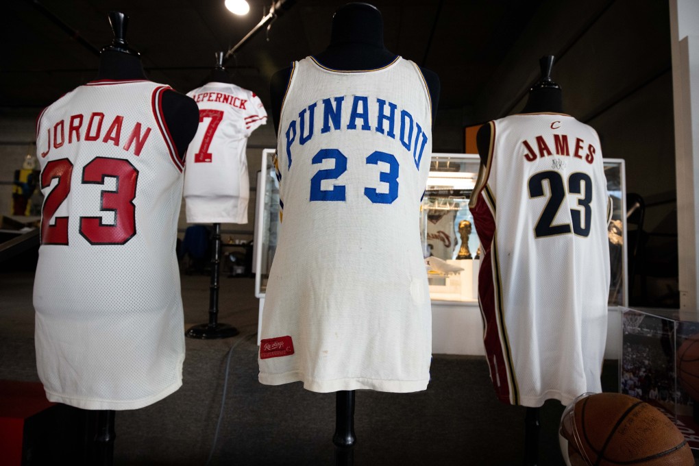 From left, jerseys worn by Michael Jordan, Colin Kaepernick, former US President Barack Obama, and LeBron James are auctioned at Julien's Auctions in Beverly Hills, California on Friday. Photo: EPA-EF