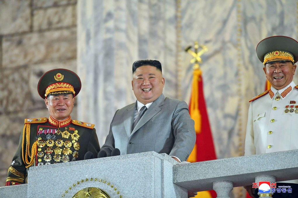 North Korean leader Kim Jong-un, centre, during an October ceremony to mark the 75th anniversary of the Workers' Party of Korea at Kim Il-sung Square in Pyongyang. Photo: AFP/KNS