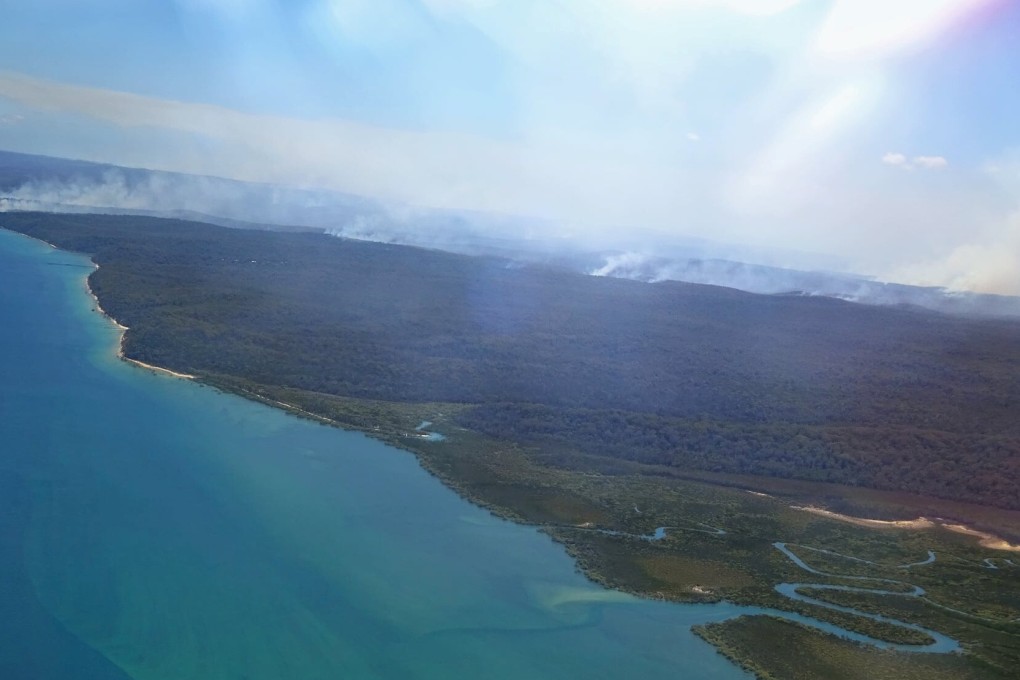 An aerial view of a fire that has been burning for weeks on Fraser Island (K'gari) in Queensland, Australia. Photo: Reuters