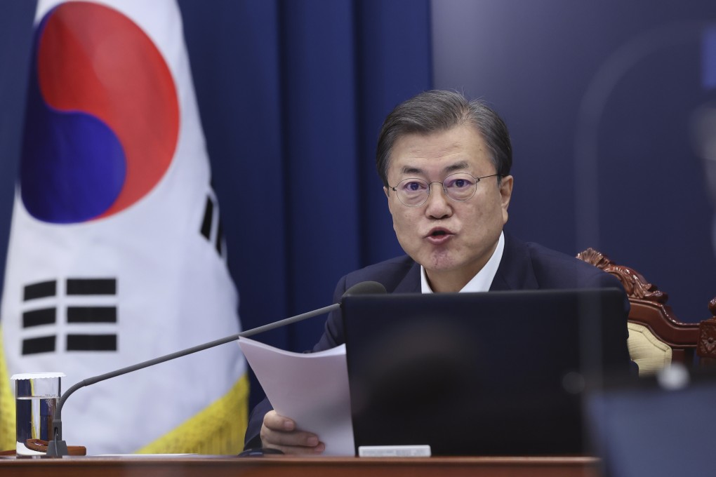 South Korean Presidential Moon Jae-in speaks during a meeting with his senior secretaries at the presidential Blue House in Seoul on Monday. Photo: AP
