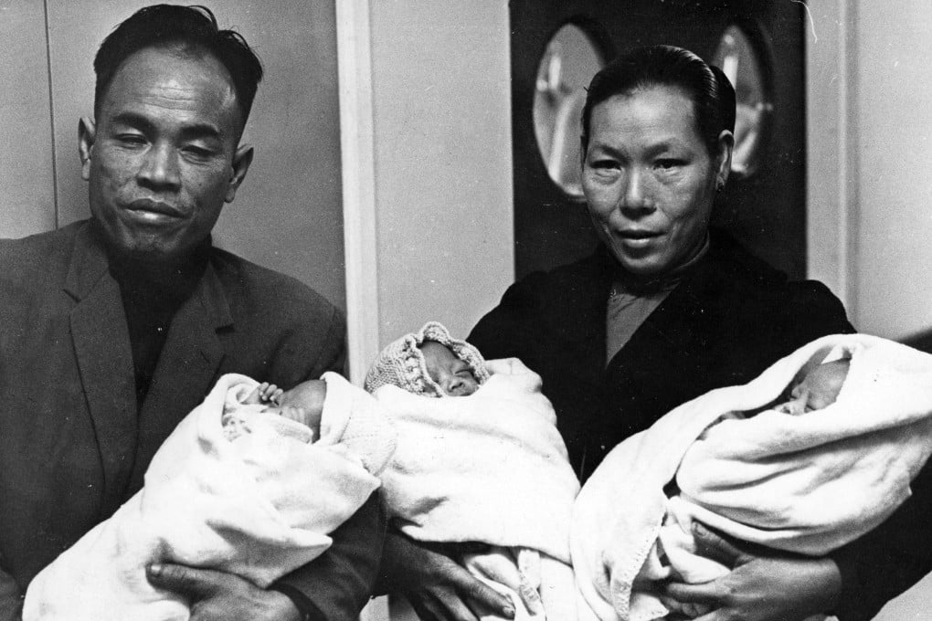 Mr and Mrs Fung with their triplets at Tsan Yuk Hospital on February 22, 1968. Photo: SCMP