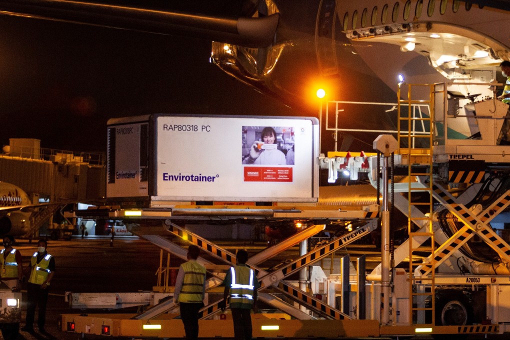 A container with Covid-19 vaccines from China’s Sinovac arrives at Soekarno-Hatta International Airport in Tangerang, near Jakarta, on December 6. Photo: Reuters