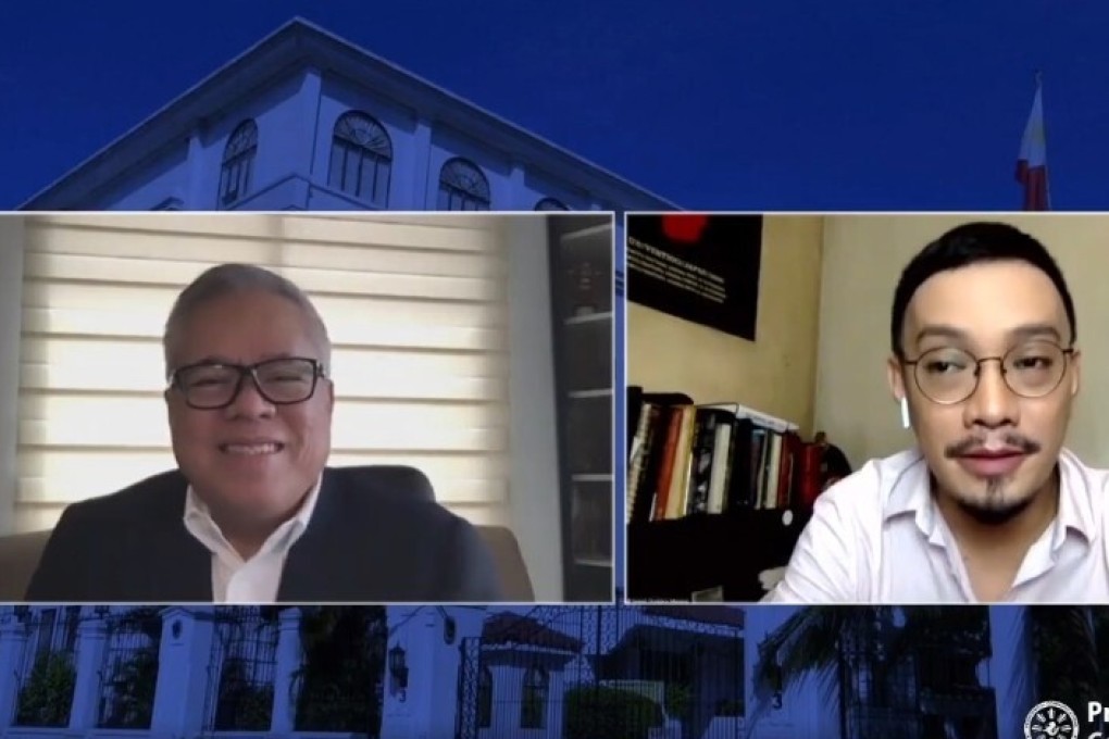 Philippine Trade Secretary Ramon Lopez (left) is interviewed by reporter Joseph Morong. Photo: Handout