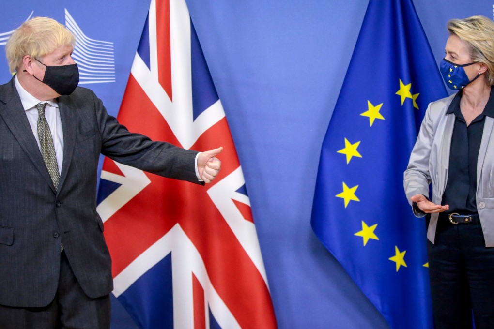 Britain’s Prime Minister Boris Johnson is welcomed by European Commission President Ursula von der Leyen at the EU headquarters in Brussels on Wednesday. Photo: AFP