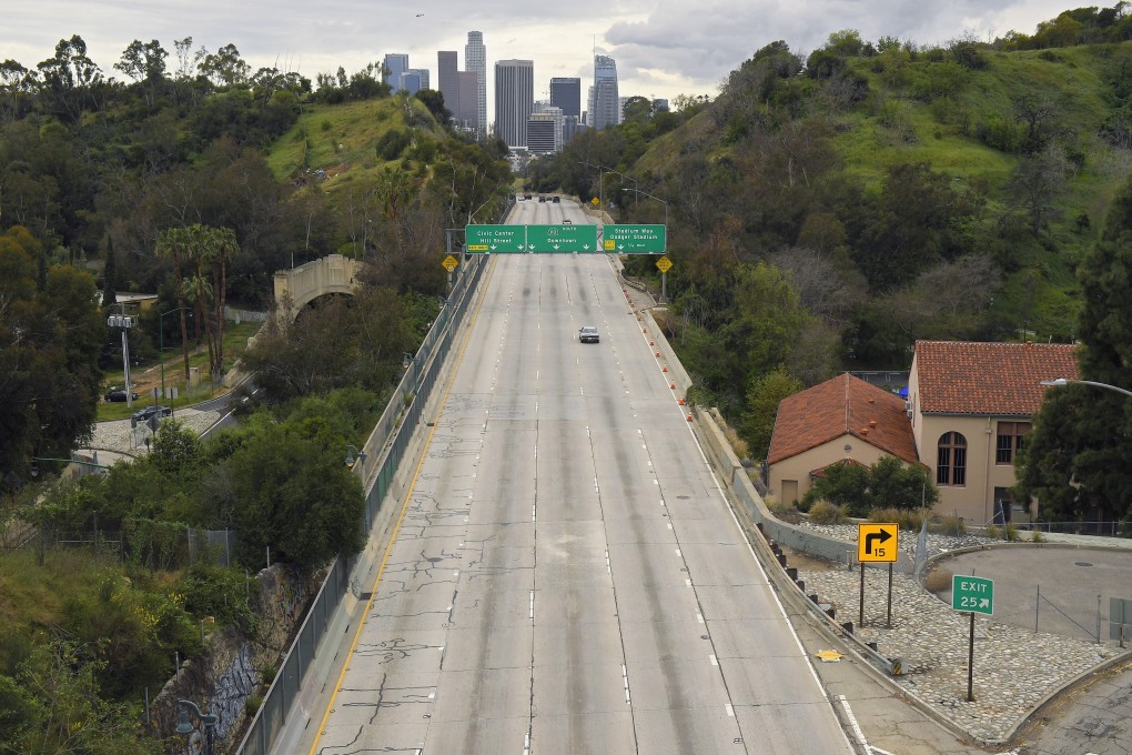 Extremely light traffic on a Los Angeles freeway in March, 2020. Traffic would normally be bumper-to-bumper during this time of the day on a Friday. File photo: AP