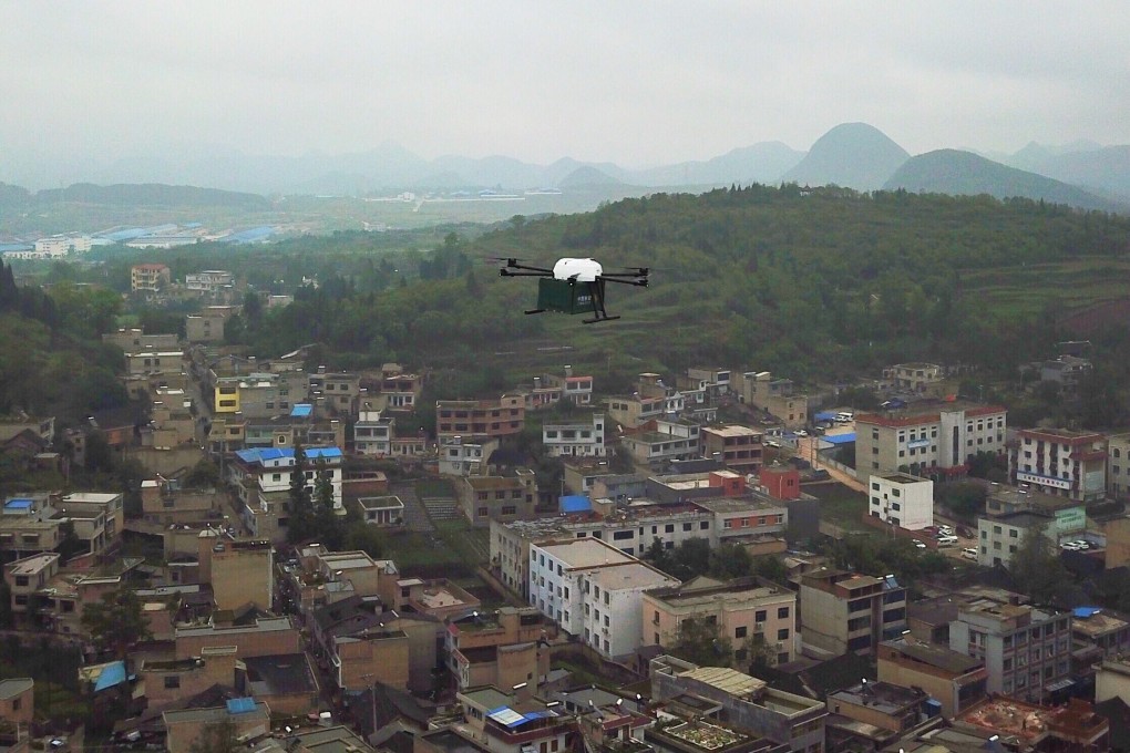 A drone with parcels takes off from a post office in China’s southwest Guizhou province in this photo from January 2019. ESR is on track to becoming one of the first companies capable of delivering several heavier payloads over a single trip using the same drone. Photo: Xinhua