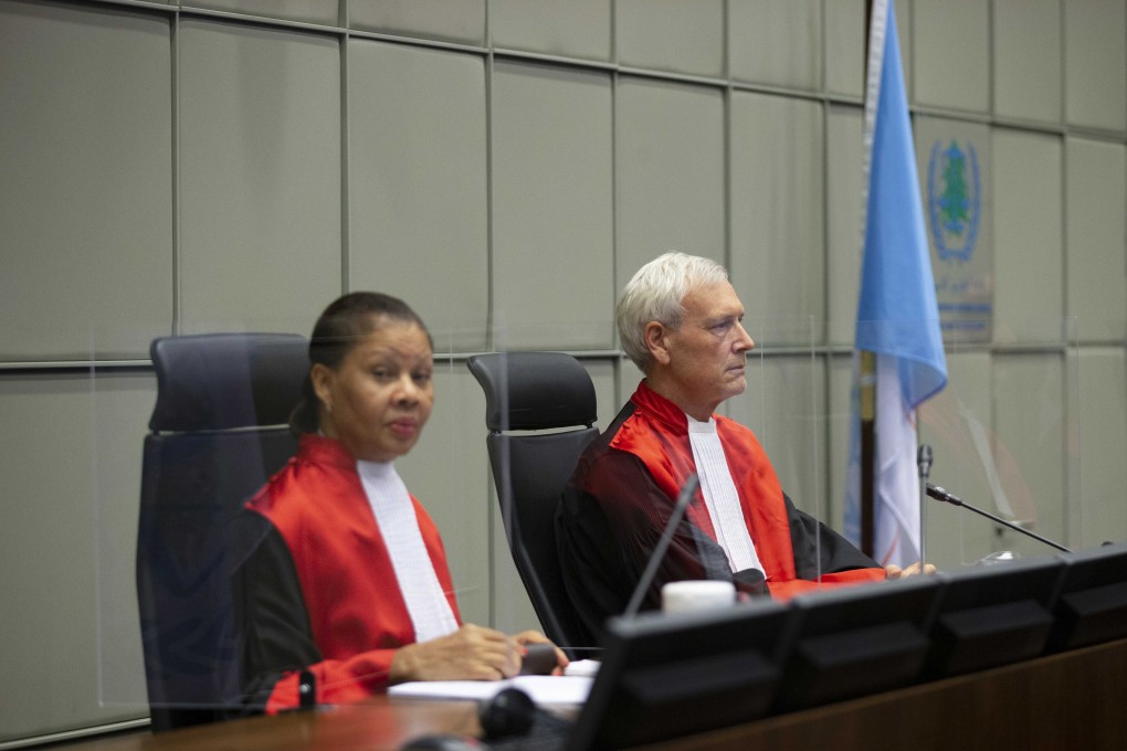 Judge David Re, right, and Judge Janet Nosworthy at the session of the Lebanon Tribunal in Leidschendam, Netherlands on Friday. Photo: EPA-EFE
