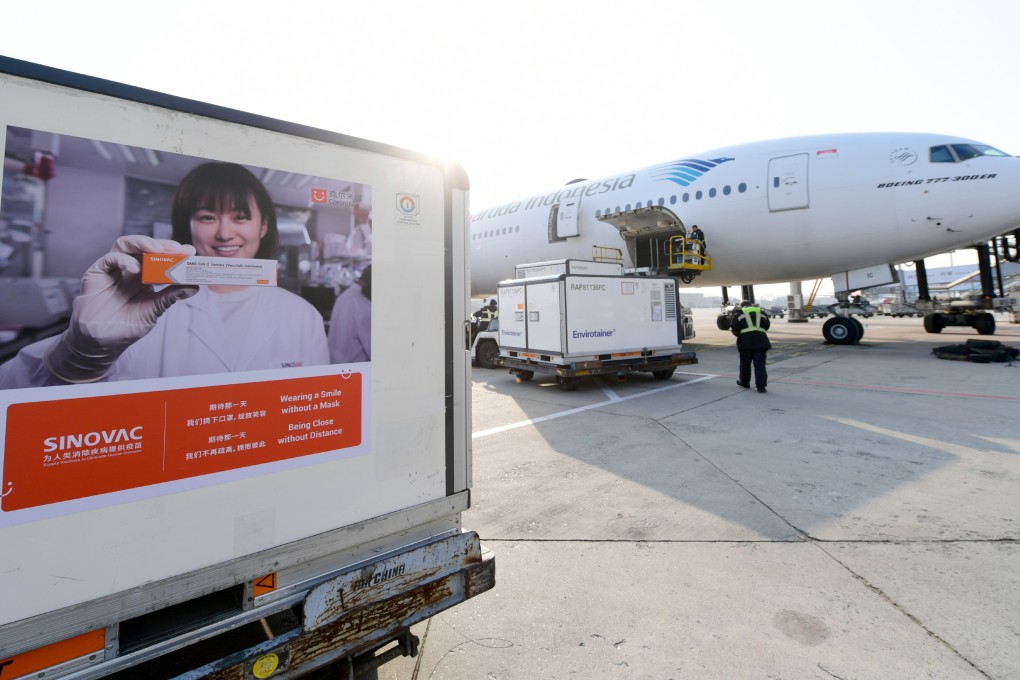 A container containing coronavirus vaccines made by Chinese company Sinovac Biotech waits to be loaded onto a plane bound for Indonesia as China starts supplying vaccines to Asian countries. Photo: AP