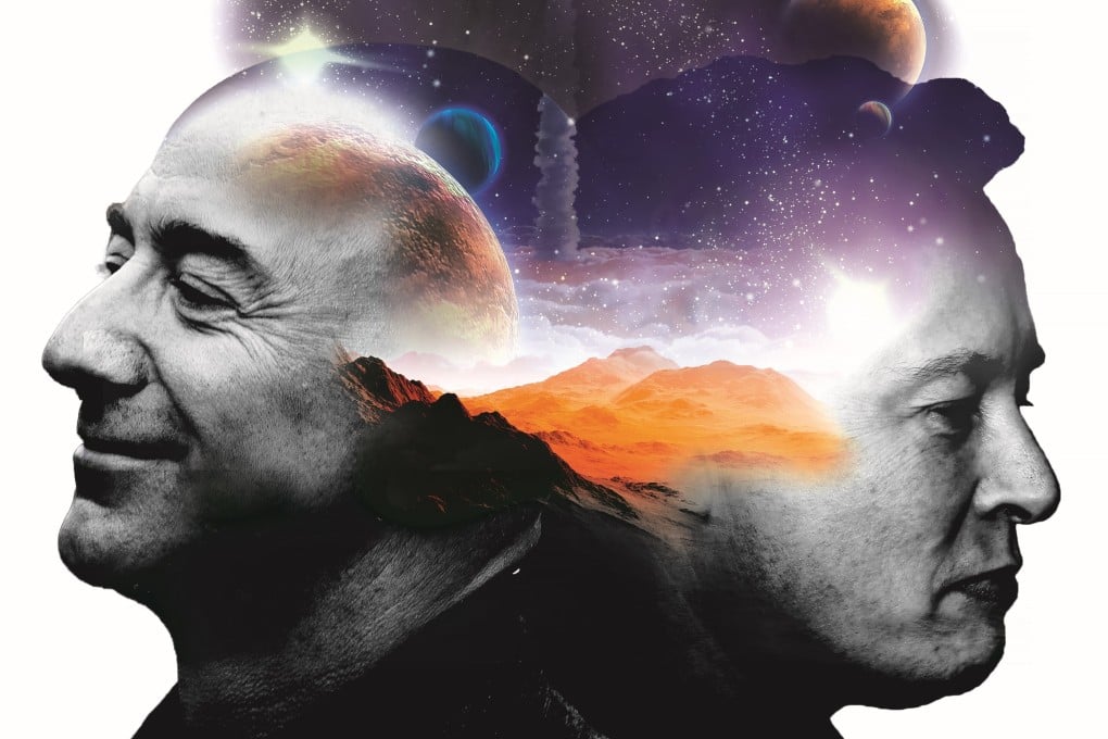 The modern space race: Jeff Bezos and Elon Musk are engaged in an extraterrestrial rivalry. Illustration: Mario Riviera