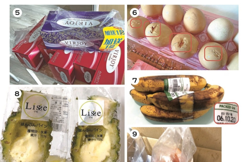 Cracked eggs and blackened bananas were some of the issues the Hong Kong Consumer Council discovered with food deliveries. Photo: Handout