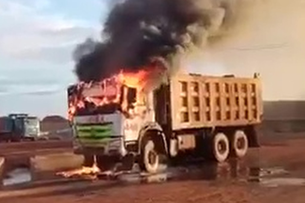 A truck engulfed in flames after a demonstration at a Chinese-backed nickel firm in Sulawesi, Indonesia. Photo: Handout