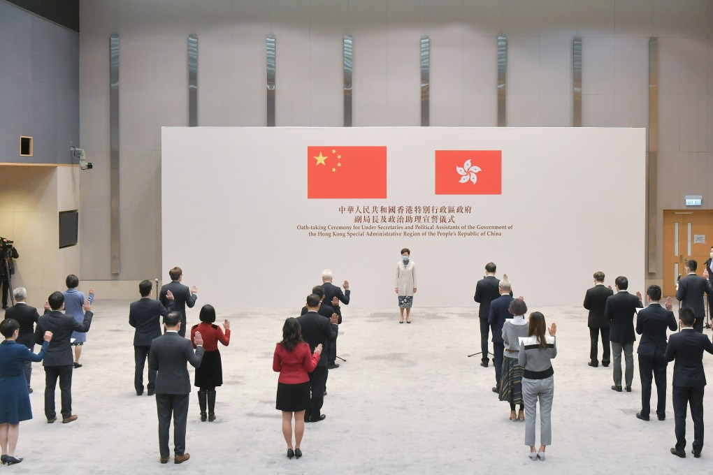 The oath-taking ceremony overseen by Chief Executive Carrie Lam (centre). Photo: Handout