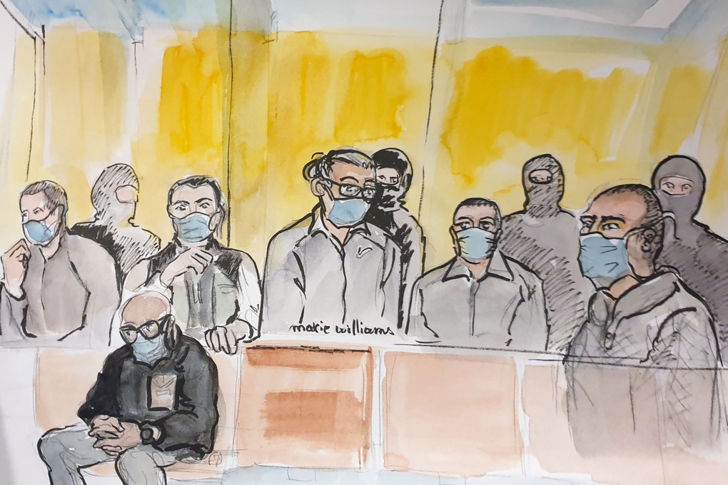 An artist’s sketch shows the Paris courthouse during the sentencing hearing in the Charlie Hebdo trial on Wednesday. Image: Marie Williams via AFP