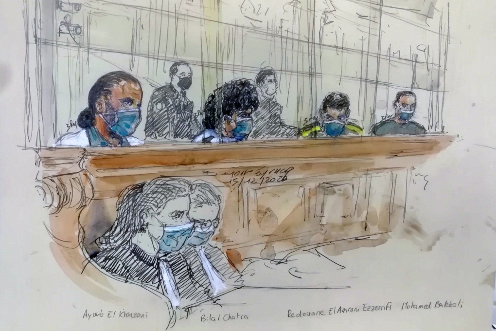 A courtroom sketch made on Tuesday shows the defendants (from left) Ayoub El Khazzani, Bilal Chatra, Redouane El Amrani Ezzerrifi and Mohamed Bakkali sitting in the dock of the Paris courthouse. Image: Benoit Peyrucq via AFP