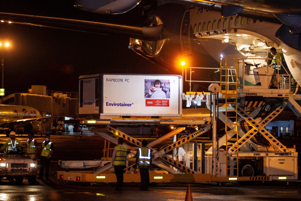 A container with Covid-19 vaccines from China’s Sinovac Biotech arrives at Soekarno-Hatta International Airport in Tangerang, near Jakarta, in their first shipment to Indonesia on December 6. Photo: Reuters