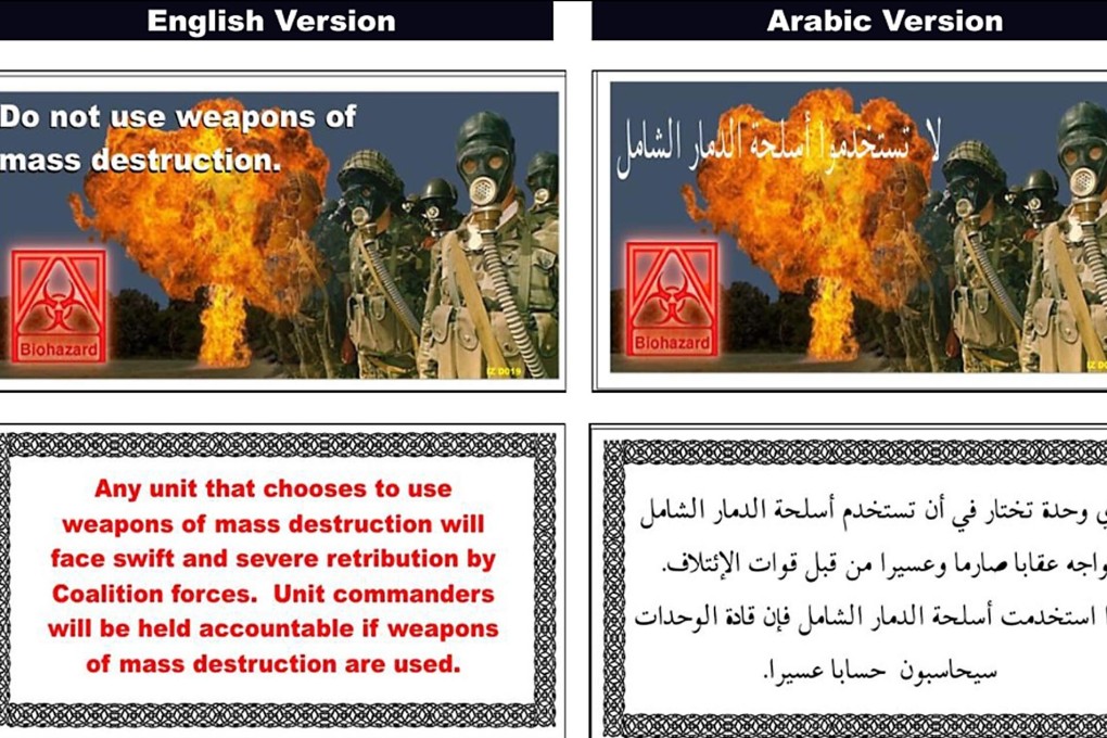 A US Department of Defence graphic from March 2003 shows an English and Arabic copy of a leaflet dropped over southern Iraq by coalition aircraft, warning Iraqi troops not to use weapons of mass destruction. Opinion is still divided on whether the deadly and devastating war, in which the United States, the UK and their allies invaded Iraq, supported by the media, was indeed caused by intelligence failure over Saddam Hussein’s WMD programme. Photo: AFP
