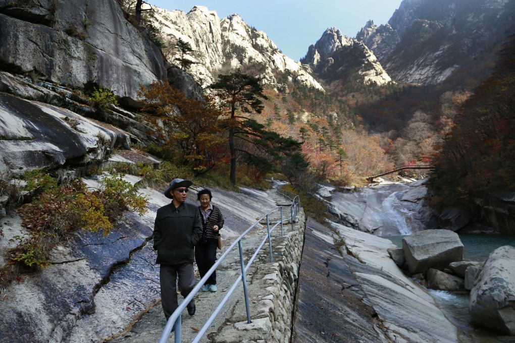 Tourists on a trail at Mount Kumgang, in North Korea. Photo: AP