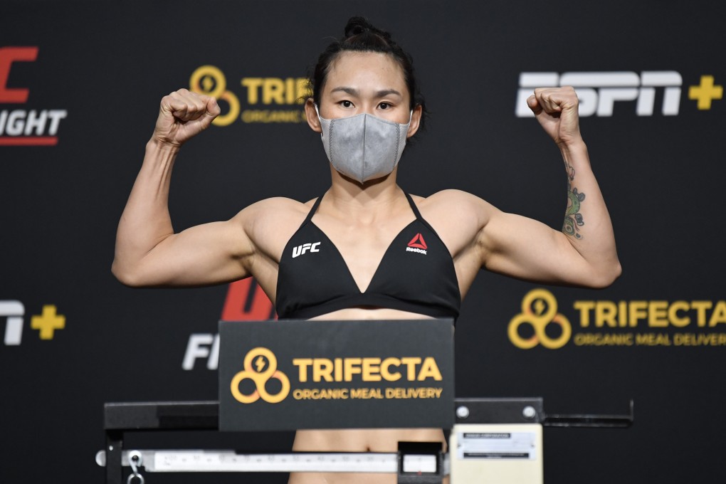 China’s Yan Xiaonan on the scale at UFC Apex on November 6 in Las Vegas. Photo: Jeff Bottari/Zuffa LLC