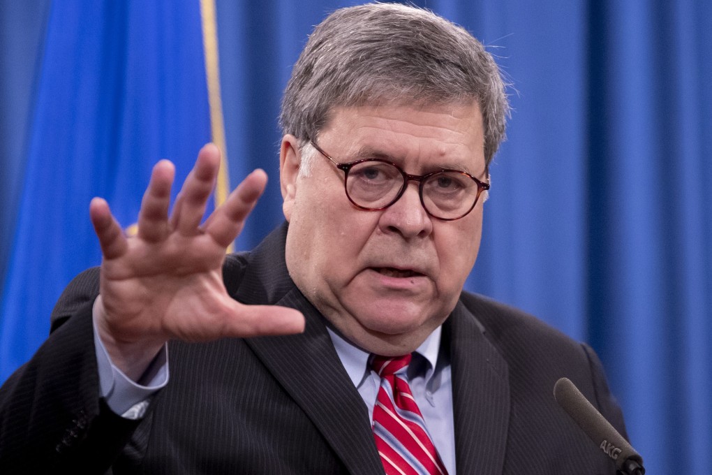 US Attorney General William Barr speaks during a news conference in Washington on Monday. Photo: Bloomberg