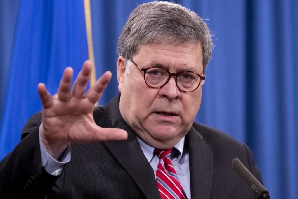 US Attorney General William Barr speaks during a news conference in Washington on Monday. Photo: Bloomberg