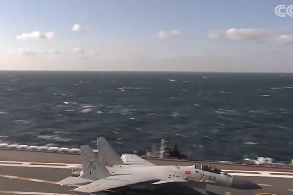 Video footage from state broadcaster CCTV shows a J-15 fighter on board the Shandong. Photo: Handout
